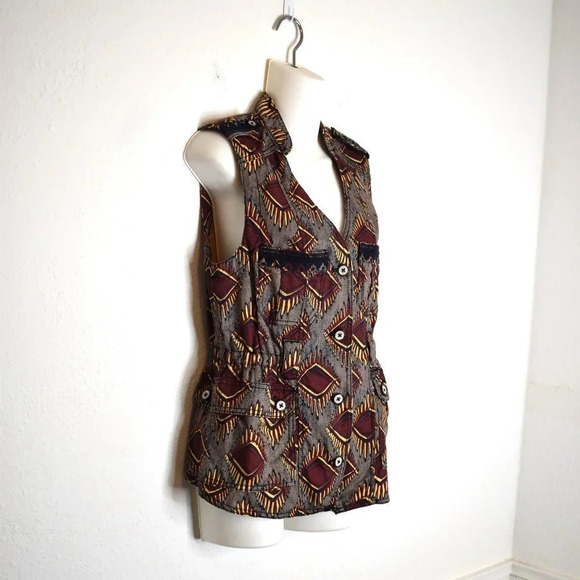 Anthropologie Elevenses Button Front Vest Sz XS Embroidered Aztec Safari Boho - Picture 5 of 16